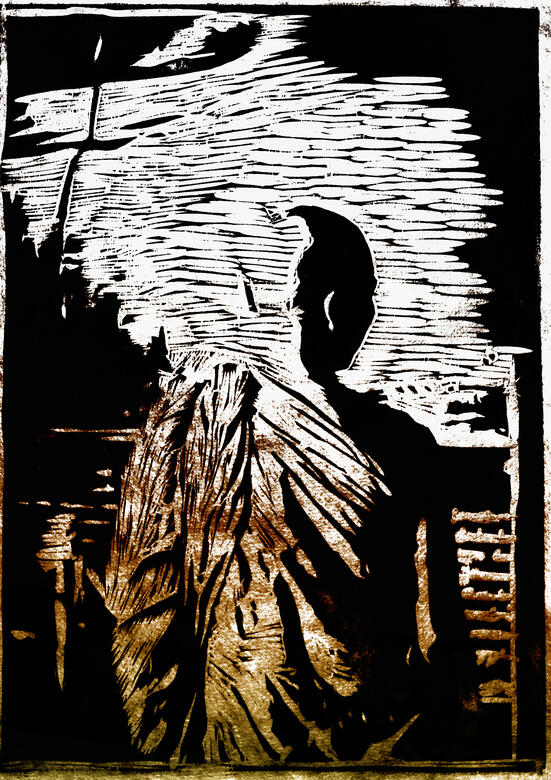 Woodblock print of a monk in Bangkok from a reference of some of my black and white film photography. Woodblock print of a monk in Bangkok from a reference of some of my black and white film photography.